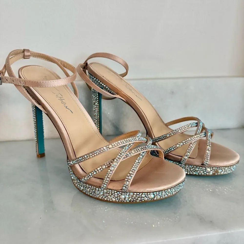 Betsey Johnson SB-Aden Champagne and Blue Rhinestone Strappy Heels Size 9.5